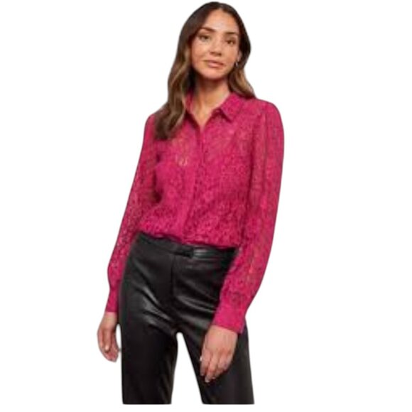 LOVE 21 | Fuchsia Floral Net Long Sleeve Blouse - Picture 1 of 5